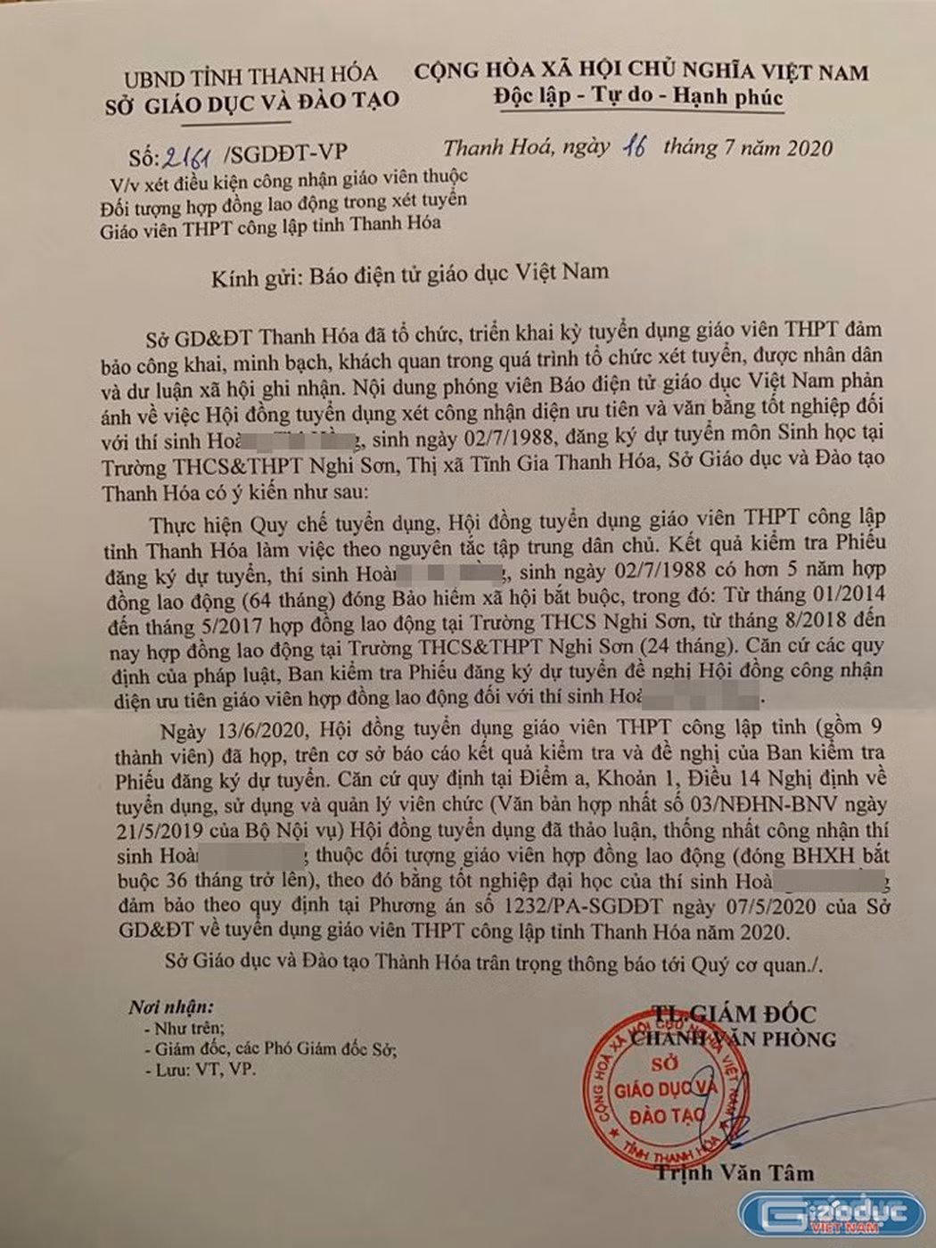 Văn bản trả lời của Sở Giáo dục và Đào tạo Thanh Hóa ngày 16/7/2020.