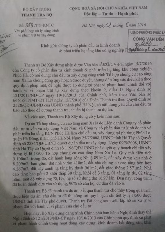 Văn bản của Thanh tra Bộ Xây dựng gửi Công ty Phúc Hà về việc phối hợp xử lý công trình vi phạm trật tự xây dựng Văn bản của Thanh tra Bộ Xây dựng gửi Công ty Phúc Hà về việc phối hợp xử lý công trình vi phạm trật tự xây dựng