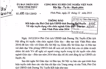 Văn bản thông báo về kỳ thi của tỉnh Vĩnh Phúc khẳng định làm đúng quy trình.
