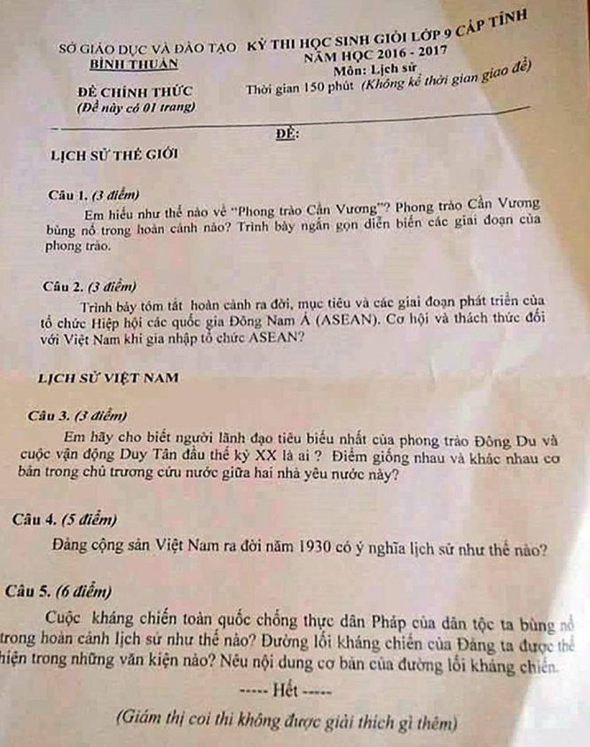 Đề thi đưa nhầm câu hỏi lịch sử Việt Nam vào phần lịch sử thế giới. (Ảnh: Tuoitre.vn)