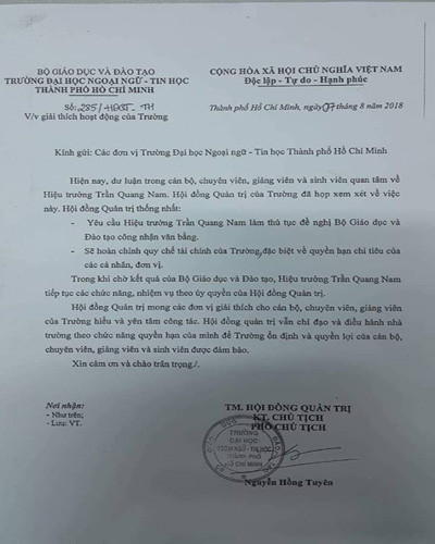 Thông báo của Hội đồng quản trị Trường Đại học HUFLIT yêu cầu ông Nam xin xác nhận bằng cấp (ảnh: P.L)