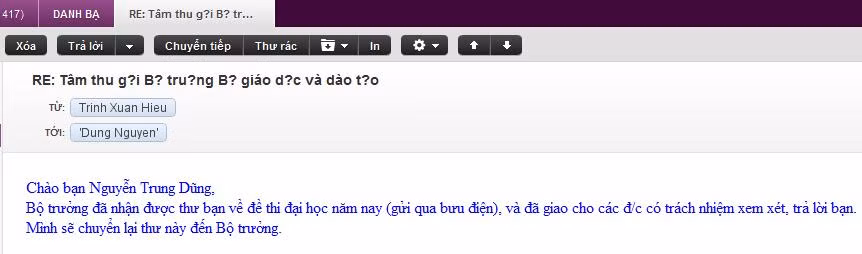 Email trả lời của Thư ký Bộ trưởng Bộ GD&ĐT với Nguyễn Trung Dũng về bức tâm thư Email trả lời của Thư ký Bộ trưởng Bộ GD&ĐT với Nguyễn Trung Dũng về bức tâm thư