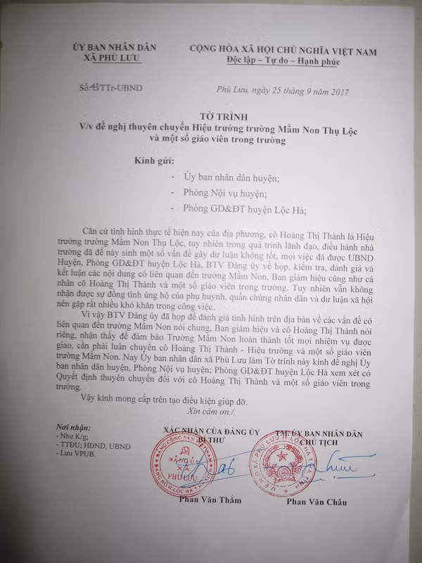 Tờ trình đề nghị thuyên chuyển Hiệu trưởng Trường Mầm non Thụ Lộc và một số giáo viên trong trường. Tờ trình đề nghị thuyên chuyển Hiệu trưởng Trường Mầm non Thụ Lộc và một số giáo viên trong trường.