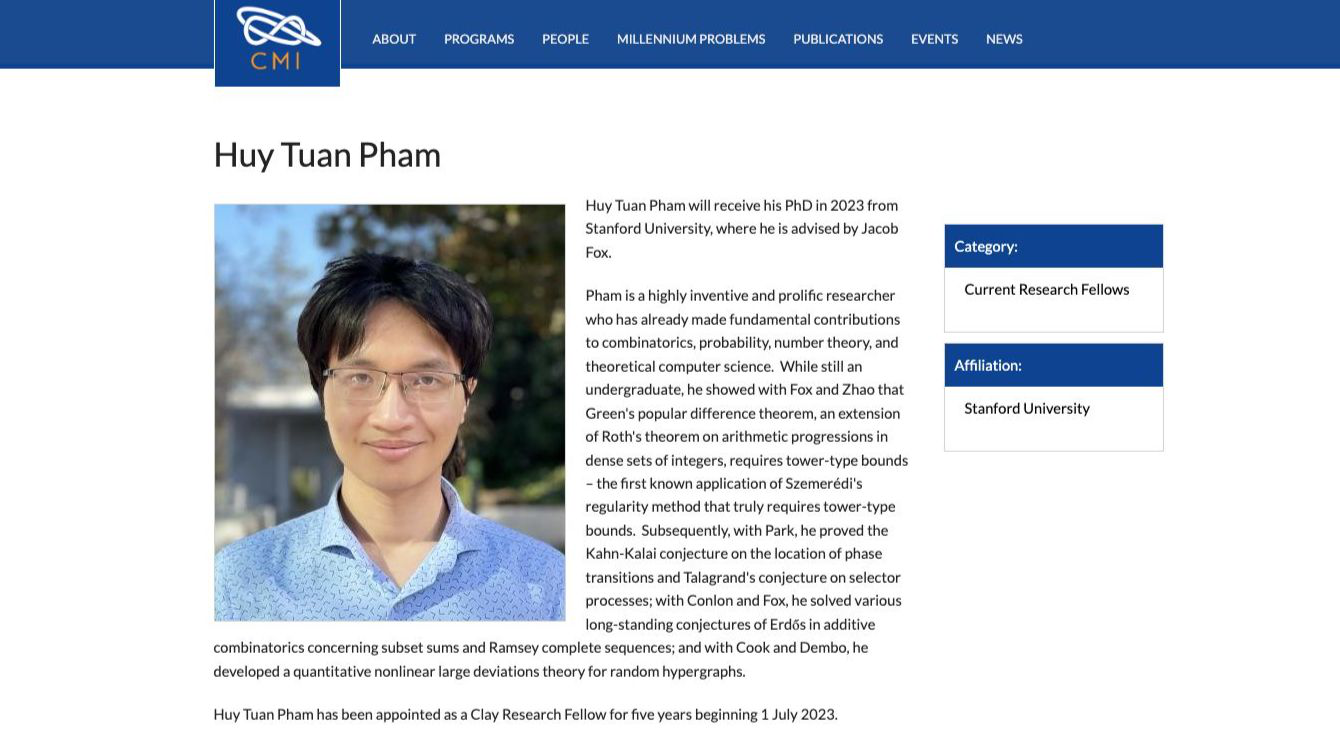 Phần giới thiệu về Phạm Tuấn Huy được nêu trong website của Viện Toán học Clay (ảnh chụp màn hình)