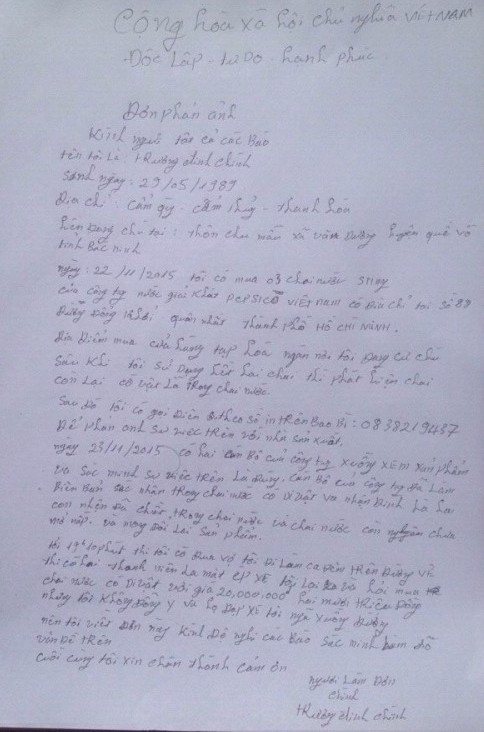 Đơn của anh Trương Đinh Chính gửi tới Báo điện tử Giáo dục Việt Nam. Ảnh Trần Việt