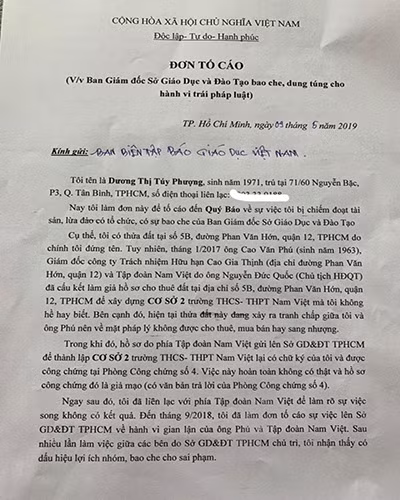 Đơn tố cáo của bà Dương Thị Túy Phượng về khu đất 5B Phan Văn Hớn, quận 12 (ảnh: P.L)