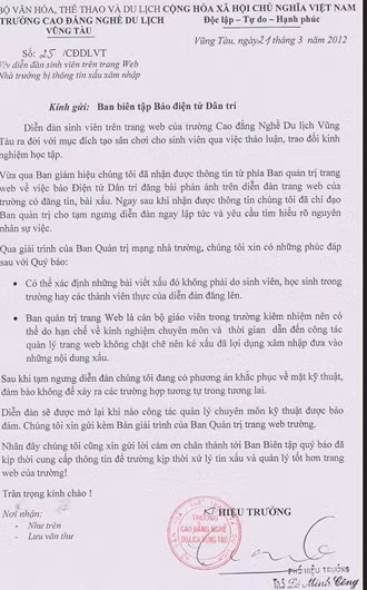 Công văn phản hồi của Trường CĐ Nghề du lịch Vũng Tàu gửi Ban biên tập Báo điện tử Dân trí. Công văn phản hồi của Trường CĐ Nghề du lịch Vũng Tàu gửi Ban biên tập Báo điện tử Dân trí.
