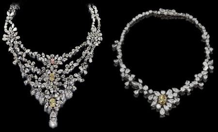 Được đánh giá là loại ấn tượng nhất trong danh sách, dây chuyền DeBeers Marie Antoinette có mặt chính là một viên kim cương hình quả lê nặng 8,05 carat, bên trên là cặp kim cương màu vàng trọng lượng 7,06 carat và 5,24 carat xếp hàng ngay ngắn. Cuối cùng là viên kim cương hồng 1,84 carat làm điểm nhấn phụ, nâng tổng trọng lượng toàn bộ nữ trang lên 181,1 carat. DeBeers Marie Antoinette lấy cảm hứng từ một nữ nhân vật quý tộc trong lịch sử Pháp, hiện nay giá trị dây chuyền khoảng 3,7 triệu USD. Ảnh: World Most Expensive