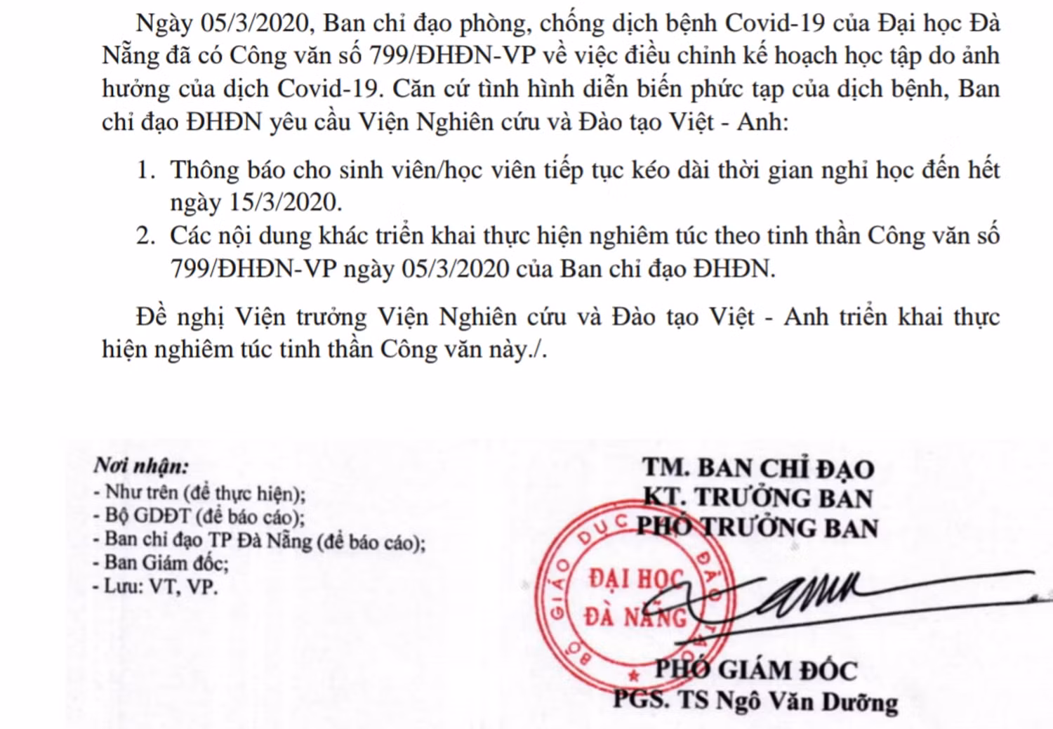 Công văn của Ban chỉ đạo phòng, chống dịch bệnh Covid-19 của Đại học Đà Nẵng yêu cầu Viện Nghiên cứu và Đào tạo Việt Anh tiếp tục cho sinh viên nghỉ học. Ảnh: AN Công văn của Ban chỉ đạo phòng, chống dịch bệnh Covid-19 của Đại học Đà Nẵng yêu cầu Viện Nghiên cứu và Đào tạo Việt Anh tiếp tục cho sinh viên nghỉ học. Ảnh: AN