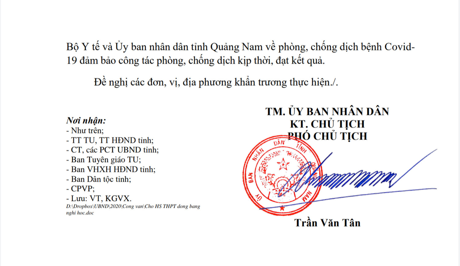 Công văn của tỉnh Quảng Nam về việc cho học sinh một số khu vực nghỉ học. Ảnh: AN