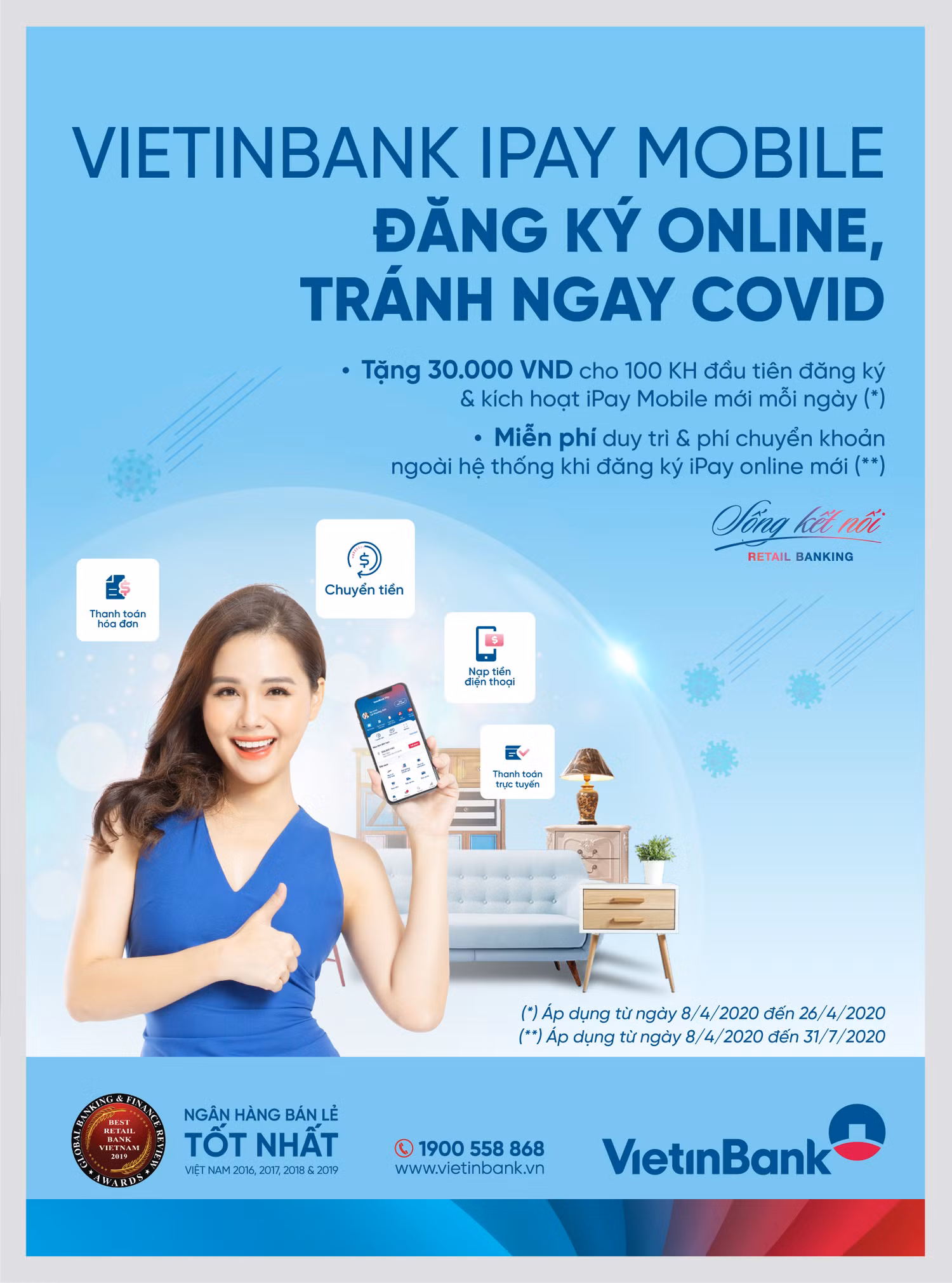 Giao dịch trực tuyến qua VietinBank iPay giảm thiểu tối đa việc khách hàng phải ra ngoài hoặc tiếp xúc trực tiếp với tiền mặt
