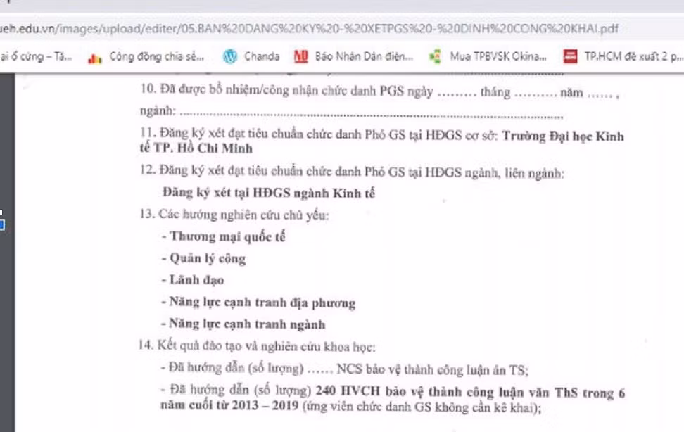 Bản kê khai của một giảng viên từ năm 2013 đến 2019 đã hướng dẫn 240 học viên cao học. (ảnh chụp màn hình)