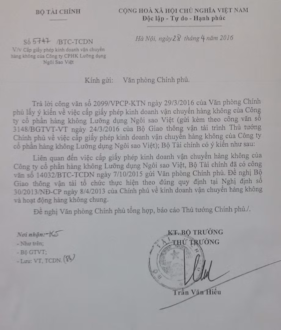 Văn bản số 5747 gửi Văn phòng Chính phủ của Bộ Tài chính