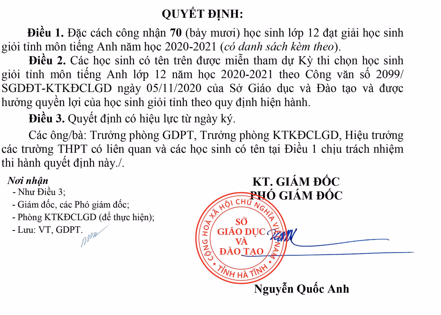 Quyết định đặc cách của Sở Giáo dục và Đào tạo Hà Tĩnh. (Ảnh: hatinh.edu.vn)