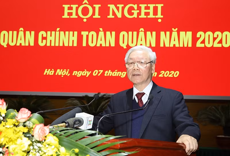 Tổng Bí thư, Chủ tịch nước Nguyễn Phú Trọng phát biểu tại Hội nghị Quân chính toàn quân năm 2020. (Ảnh: Bộ Quốc phòng) Tổng Bí thư, Chủ tịch nước Nguyễn Phú Trọng phát biểu tại Hội nghị Quân chính toàn quân năm 2020. (Ảnh: Bộ Quốc phòng)