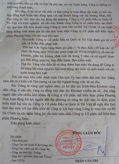 Tờ trình "giải cứu" Công ty Phương Nam của ông Trí. Ảnh: Thiên Phước