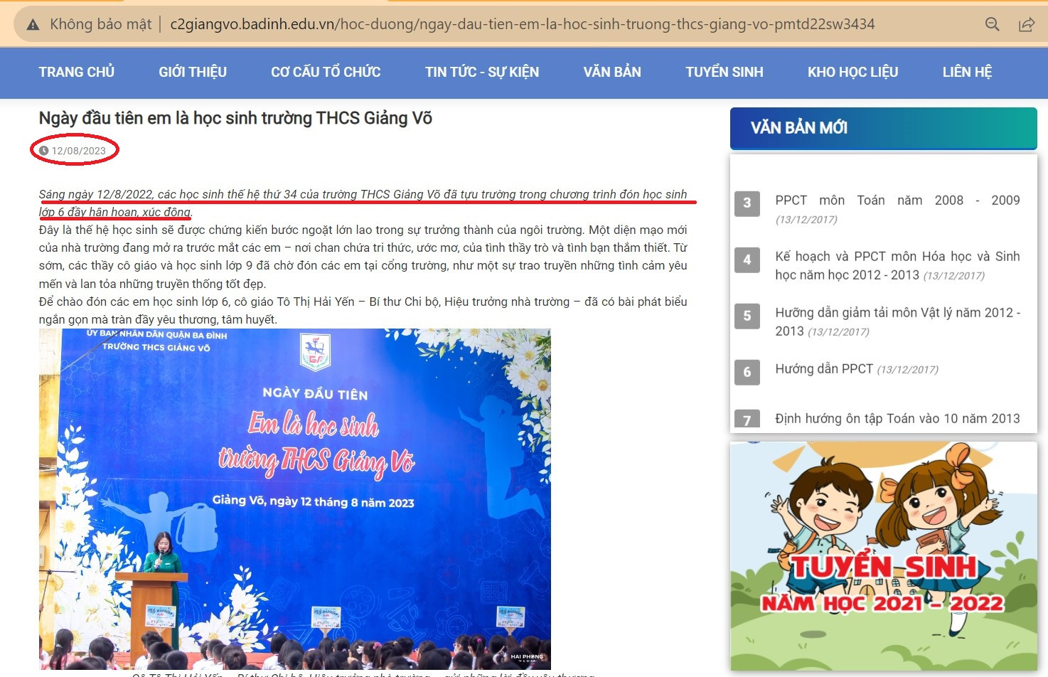 Trang website chính thức của Trường Trung học cơ sở Giảng Võ đăng tải thông tin về ngày tựu trường sáng ngày 12/8/2023. Ảnh chụp màn hình Trang website chính thức của Trường Trung học cơ sở Giảng Võ đăng tải thông tin về ngày tựu trường sáng ngày 12/8/2023. Ảnh chụp màn hình