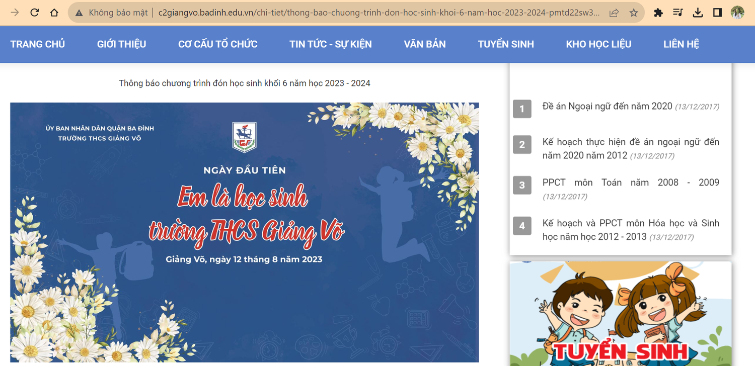 Thông báo chương trình đón học sinh khối 6 năm học 2023 - 2024 được đăng tải trên trang website chính thức của nhà trường. Ảnh chụp màn hình Thông báo chương trình đón học sinh khối 6 năm học 2023 - 2024 được đăng tải trên trang website chính thức của nhà trường. Ảnh chụp màn hình