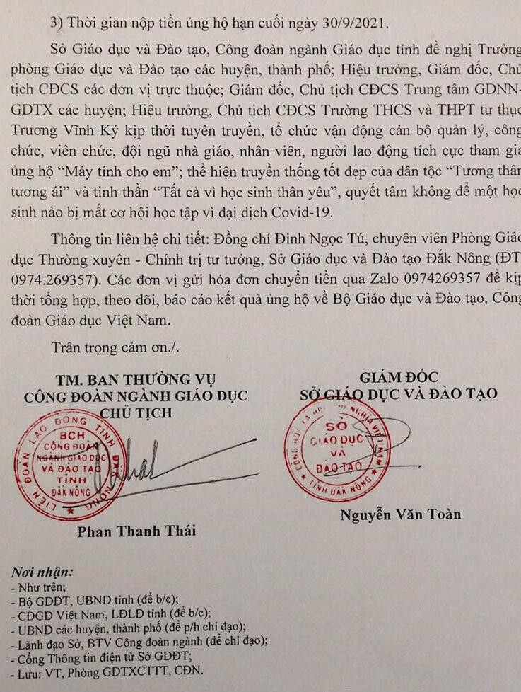 Công văn của Công đoàn ngành giáo dục tỉnh Đắk Nông yêu cầu vận động công đoàn viên ủng hộ tự nguyện tối thiểu 1 ngày lương (Ảnh CTV) Công văn của Công đoàn ngành giáo dục tỉnh Đắk Nông yêu cầu vận động công đoàn viên ủng hộ tự nguyện tối thiểu 1 ngày lương (Ảnh CTV)