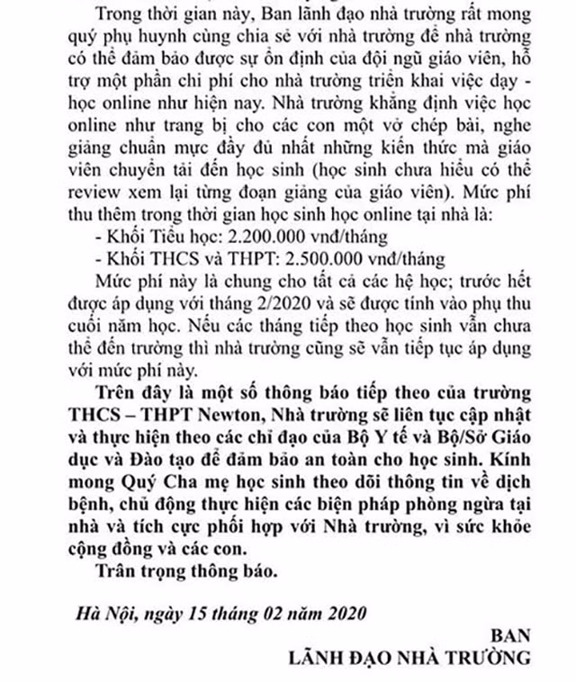 Ngày 17/2 trên nhiều diễn đàn trực tuyến, các cư dân mạng chia sẻ sau văn bản có tên gọi "Thông báo số 15" của trường Newton nhưng lãnh đạo nhà trường khẳng định đây là văn bản chưa chính thức, chưa có hiệu lực Ngày 17/2 trên nhiều diễn đàn trực tuyến, các cư dân mạng chia sẻ sau văn bản có tên gọi "Thông báo số 15" của trường Newton nhưng lãnh đạo nhà trường khẳng định đây là văn bản chưa chính thức, chưa có hiệu lực