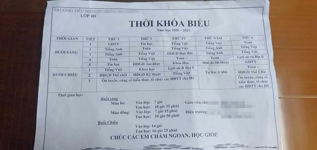 Thời khóa biểu của một trường Tiểu học theo phản ánh của phụ huynh. Ảnh: Độc giả cung cấp