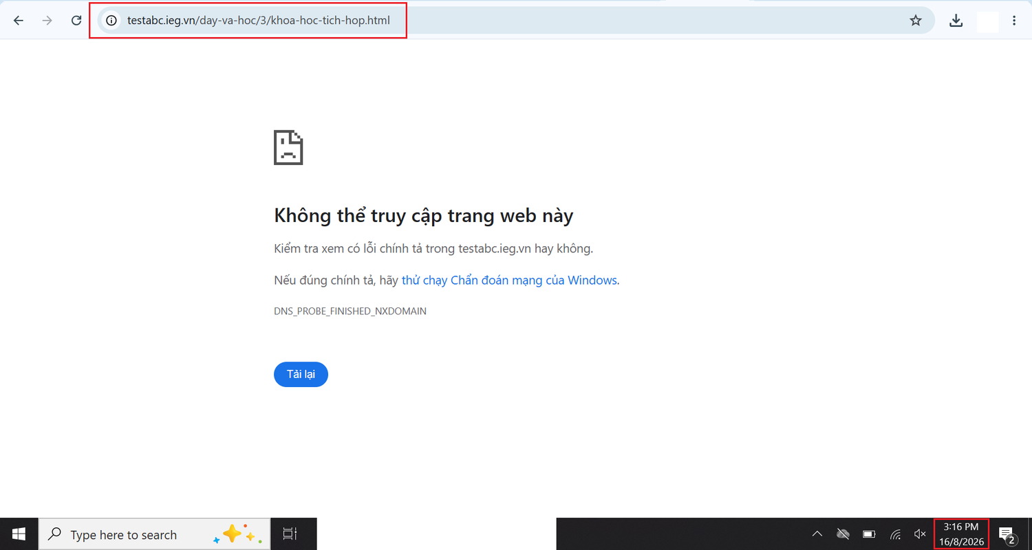 Khi truy cập vào từng khóa học, website không cung cấp thông tin cụ thể. Ảnh chụp màn hình.