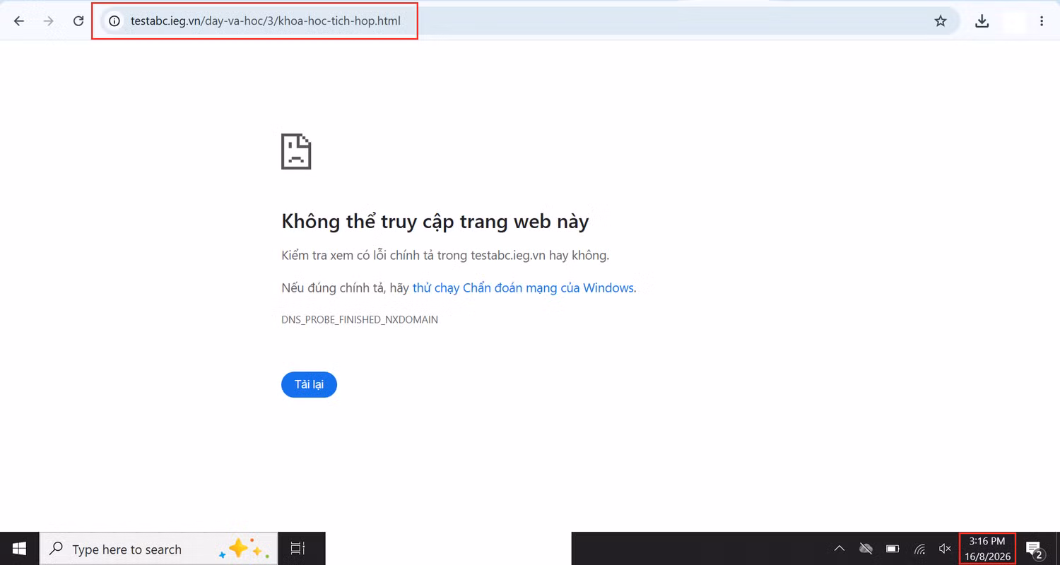 Khi truy cập vào từng khóa học, website không cung cấp thông tin cụ thể. Ảnh chụp màn hình.